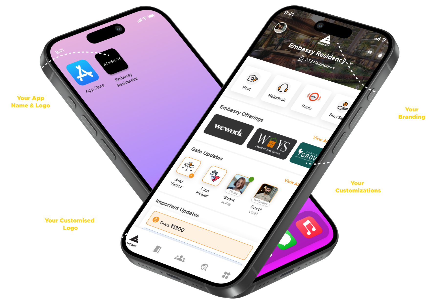 A developer-branded resident app on the App Store home screen and its community dashboard