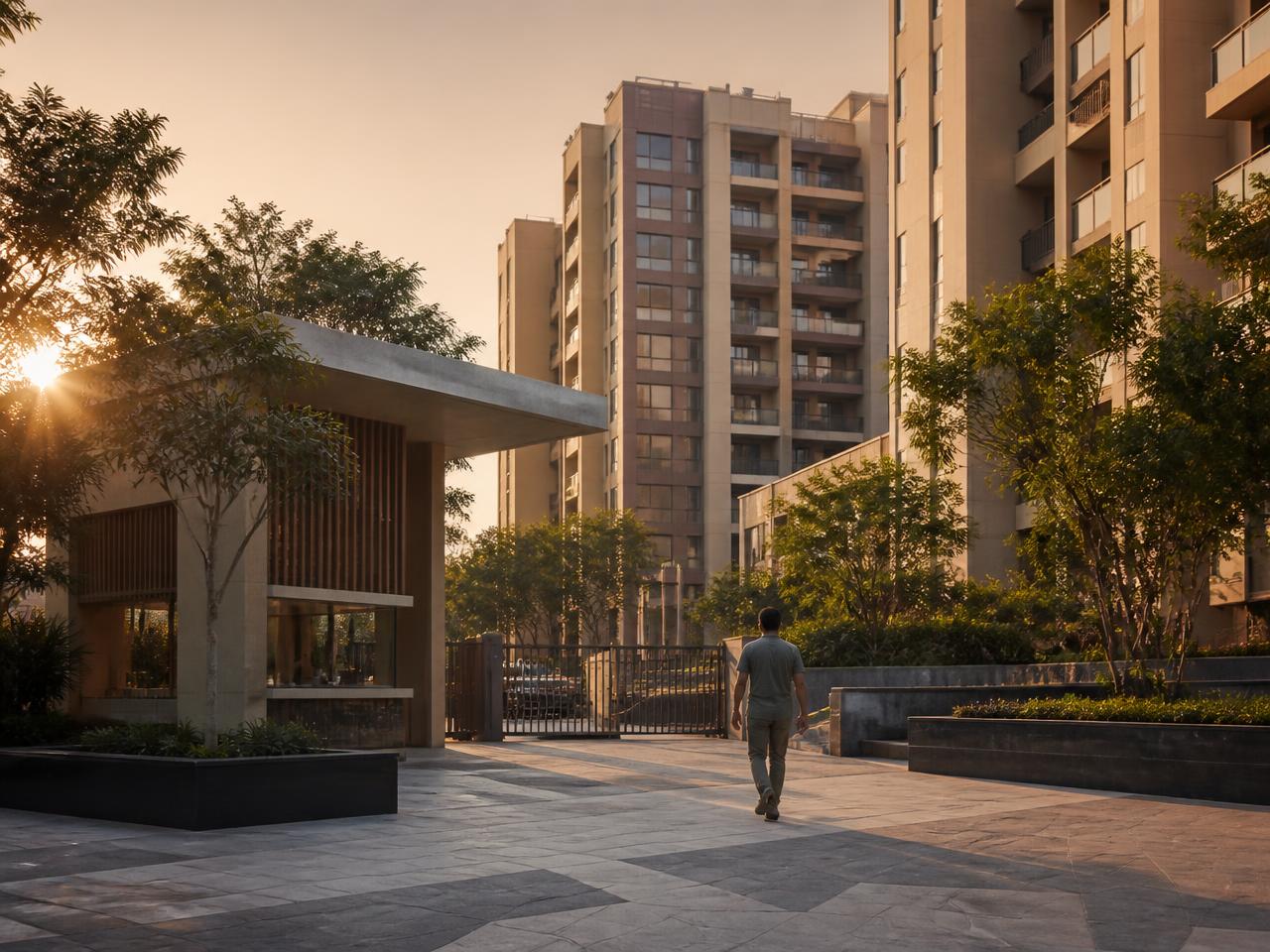 A premium developer-managed residential community at golden hour