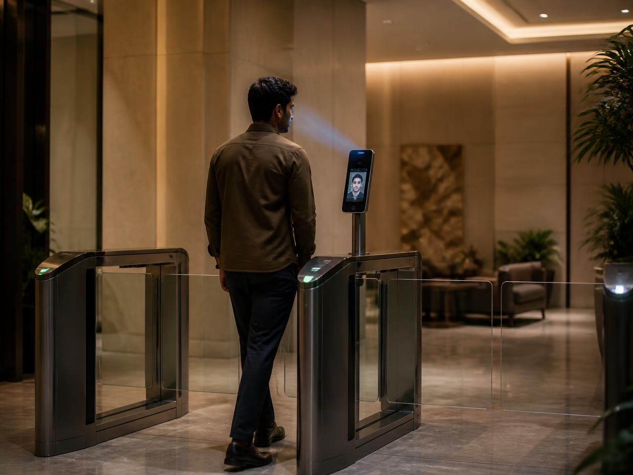 A resident passing a flap barrier at his community entrance using face recognition