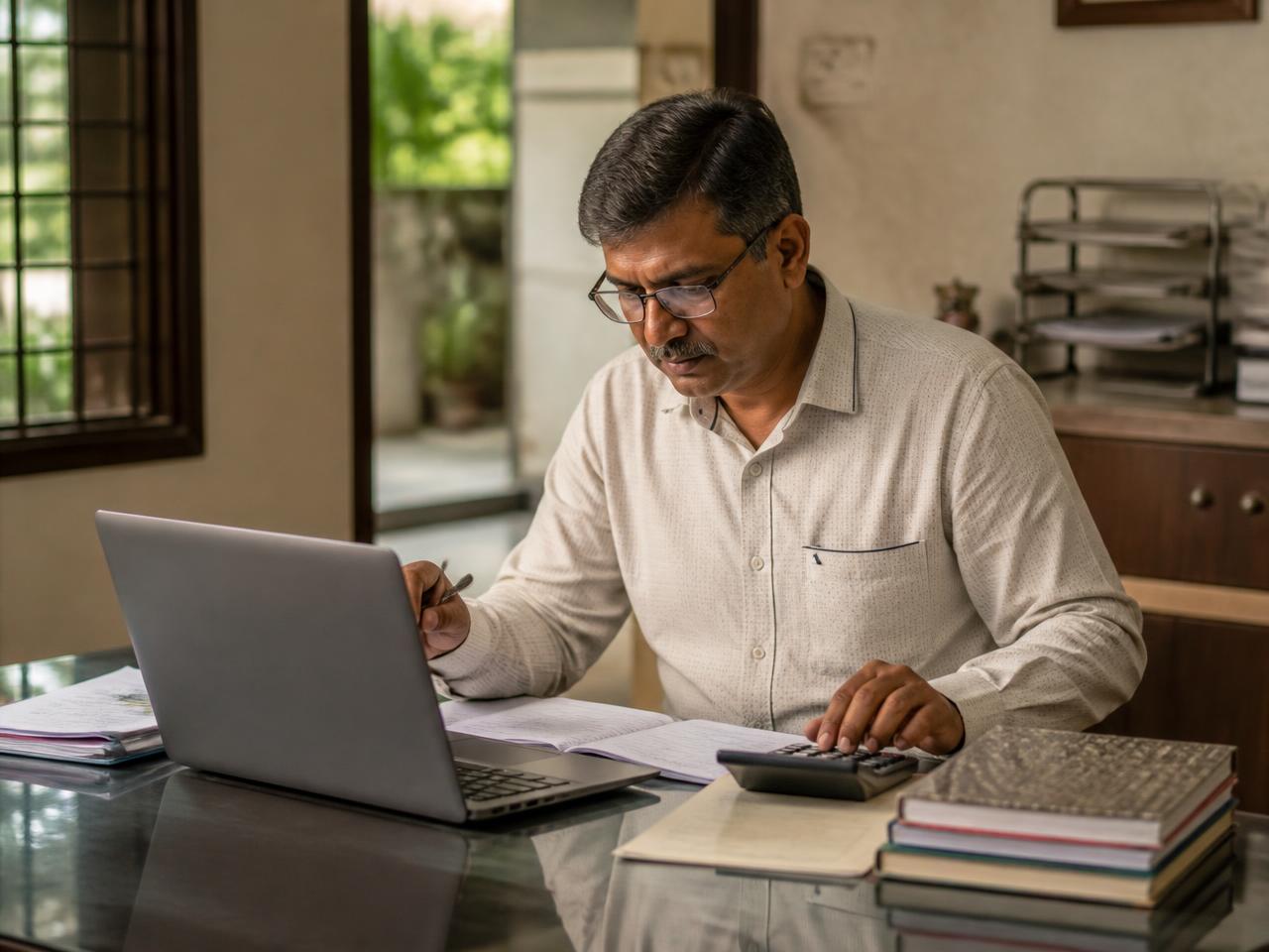 An accountant reviewing society maintenance billing on a laptop