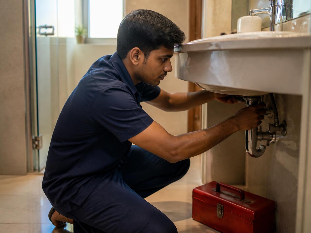 A technician fixing a washbasin inside an apartment bathroom