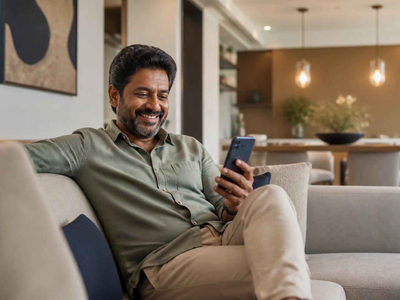 An apartment owner at home, smiling at his community app on his phone